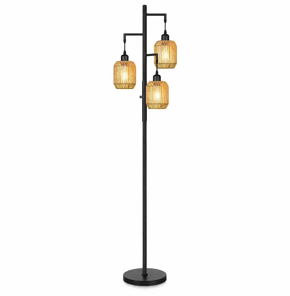 ROTTOGOON 68” Dimmable 3-Light Rattan Floor Lamp Boho Farmhouse Tree Lamp Black